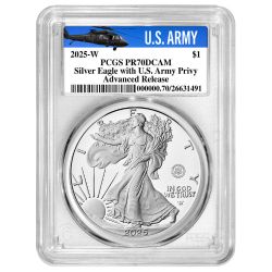 2025-W PCGS PR-70 Advanced Releases US Army Privy 1 oz American Silver Eagle Proof Coin - Army Label