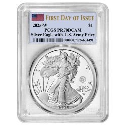 2025-W PCGS PR-70 First Day of Issue US Army Privy 1 oz American Silver Eagle Proof Coin 2025-W PCGS PR-70 First Day of Issue US Army Privy 1 oz American Silver Eagle Proof Coin