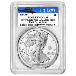 2025-W PCGS PR-70 First Day of Issue US Army Privy 1 oz American Silver Eagle Proof Coin - Army Label 2025-W PCGS PR-70 First Day of Issue US Army Privy 1 oz American Silver Eagle Proof Coin - Army Label