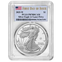 2025-W PCGS PR-70 First Day of Issue US Laser Privy 1 oz American Silver Eagle Proof Coin 2025-W PCGS PR-70 First Day of Issue US Laser Privy 1 oz American Silver Eagle Proof Coin