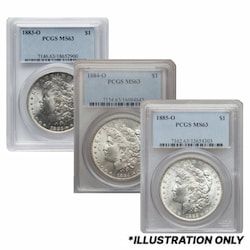 1883-1885-O Silver Morgan Dollar PCGS MS-63 3 Coin Set