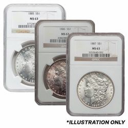 1885-1887 Silver Morgan Dollar NGC MS-63 3 Coin Set
