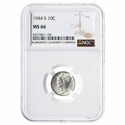 NGC MS-66 US 10 Cent Mercury Dime Silver Coin - Random Year