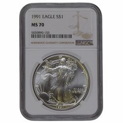 1991 NGC MS-70 1 oz American Silver Eagle Coin - Brown Label