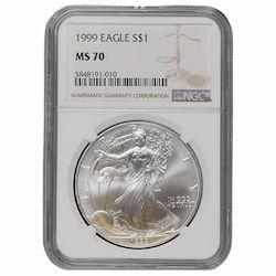 1999 NGC MS-70 1 oz American Silver Eagle Coin - Brown Label