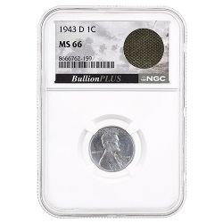 1943-D US Lincoln Steel Cent NGC MS-66 WWII Bazooka Bag Frag