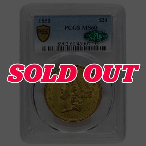 1850\u0020PCGS\u0020MS\u002D60\u0020CAC\u0020Sticker\u0020\u002420\u0020Liberty\u0020Double\u0020Eagle\u0020Gold\u0020Coin
