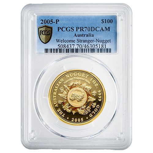 2005\u0020PCGS\u0020PR\u002D70\u00201\u0020oz\u0020Australian\u0020Welcome\u0020Stranger\u0020Gold\u0020Nugget\u0020Proof\u0020Coin