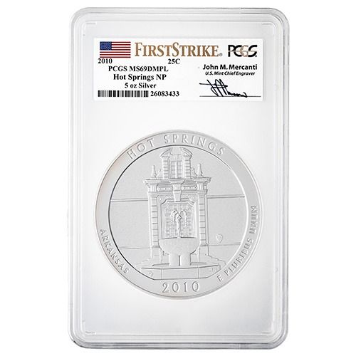 2010\u0020PCGS\u0020MS\u002D69\u0020DMPL\u0020First\u0020Strikes\u00205\u0020oz\u0020America\u0020The\u0020Beautiful\u0020Hot\u0020Springs\u0020Silver\u0020Coin\u0020\u002D\u0020John\u0020Mercanti\u0020Label