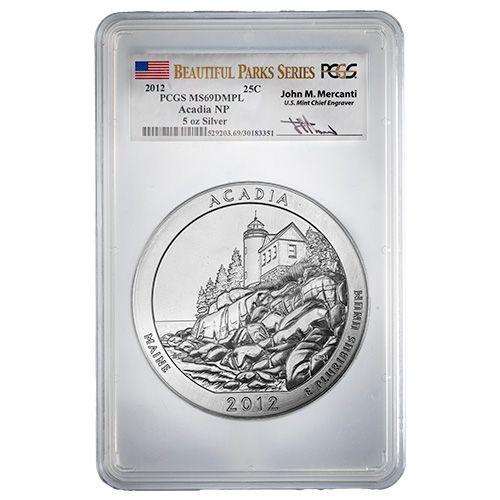 2012\u0020PCGS\u0020MS\u002D69\u0020DMPL\u00205\u0020oz\u0020America\u0020The\u0020Beautiful\u0020Acadia\u0020Silver\u0020Coin\u0020\u002D\u0020John\u0020Mercanti\u0020Label
