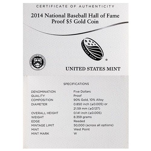 2014 National Baseball Hall of Fame $5 Commemorative Gold Proof Coin w/Box and COA