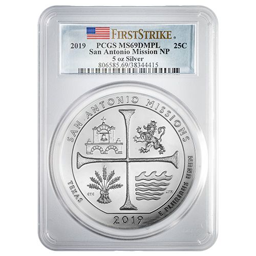 2019\u0020PCGS\u0020MS\u002D69\u0020DMPL\u0020First\u0020Strikes\u00205\u0020oz\u0020America\u0020The\u0020Beautiful\u0020San\u0020Antonio\u0020Missions\u0020Silver\u0020Coin