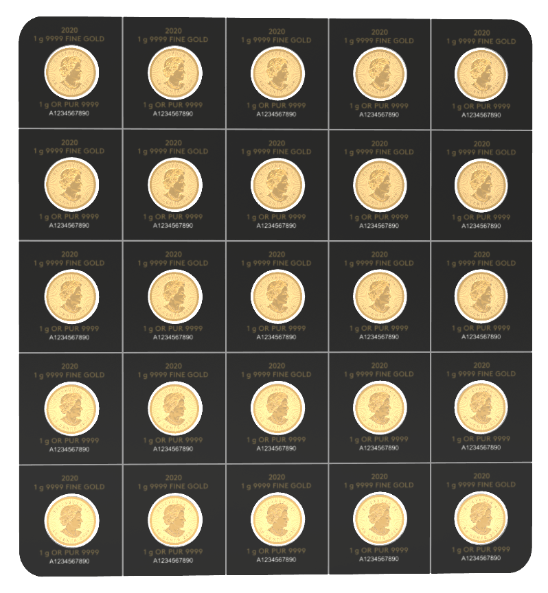 2020 25x1 Gram Canadian Gold Maplegram25™ Coin Sheet - in Assay