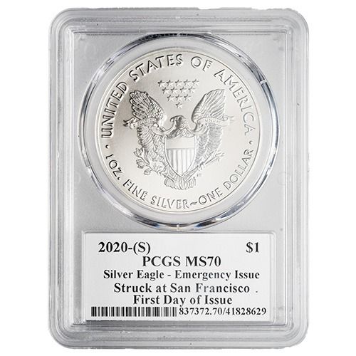2020\u002D\u0028S\u0029\u0020PCGS\u0020MS\u002D70\u0020First\u0020Day\u0020of\u0020Issue\u00201\u0020oz\u0020American\u0020Silver\u0020Eagle\u0020Emergency\u0020Production\u0020\u002D\u0020Struck\u0020At\u0020San\u0020Francisco\u0020Mint