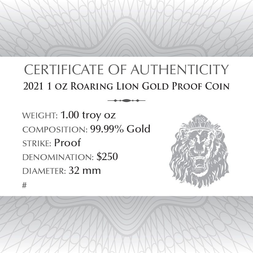 2021 1 oz Roaring Lion Proof Gold Coin