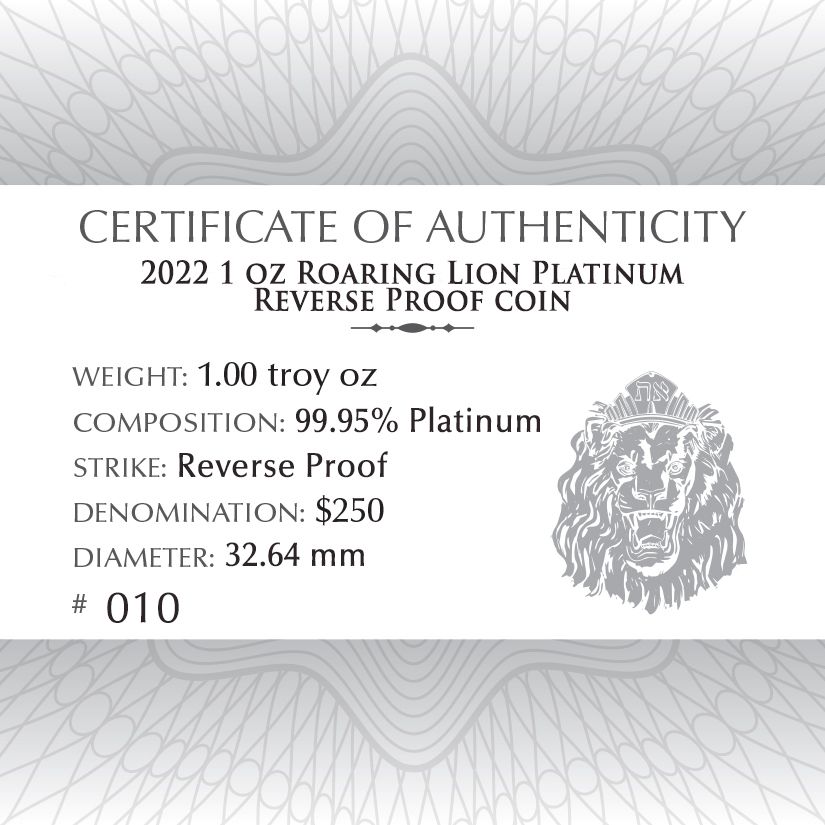 2022 1 oz Roaring Lion Reverse Proof Platinum Coin - COA #10