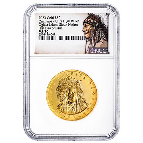 2023\u0020Lakota\u0020Sioux\u0020NGC\u0020MS\u002D70\u0020First\u0020Day\u0020of\u0020Issue\u00201\u0020oz\u0020Crazy\u0020Horse\u0020Onc\u0020Papa\u0020Ultra\u0020High\u0020Relief\u0020Gold\u0020Coin