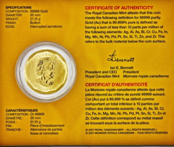 2007 Canadian Gold Maple Leaf .99999 1 oz BU With Assay Card (1st Year of Issue)