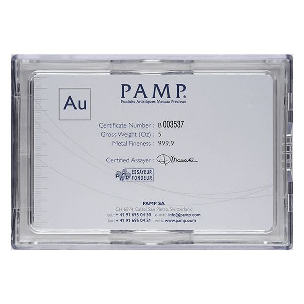 5 oz Pamp Suisse Lady Fortuna Gold Bar In Assay