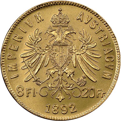 1892 20 Francs / 8 Florin Austrian Gold Coin
