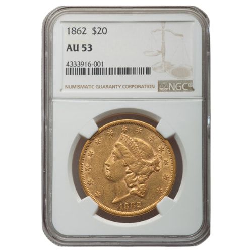 1862\u0020NGC\u0020AU\u002D53\u0020\u002420\u0020Liberty\u0020Double\u0020Eagle\u0020Gold\u0020Coin