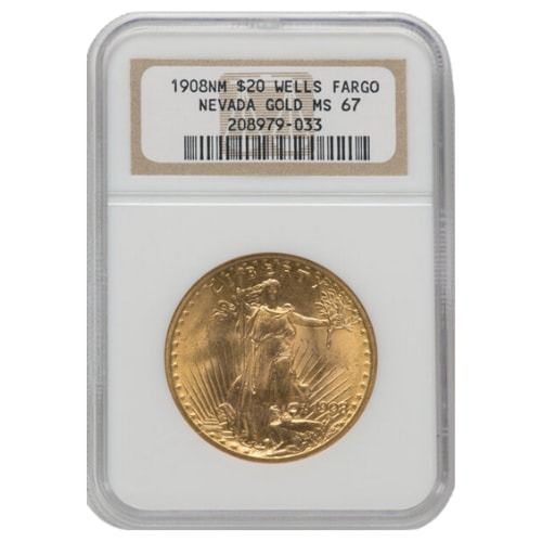 1908\u0020NGC\u0020MS\u002D67\u0020\u002420\u0020St.\u0020Gaudens\u0020Double\u0020Eagle\u0020Gold\u0020Coin\u0020\u002D\u0020No\u0020Motto\u0020\u002D\u0020Wells\u0020Fargo\u0020Nevada\u0020Gold\u0020Hoard\u0020Label