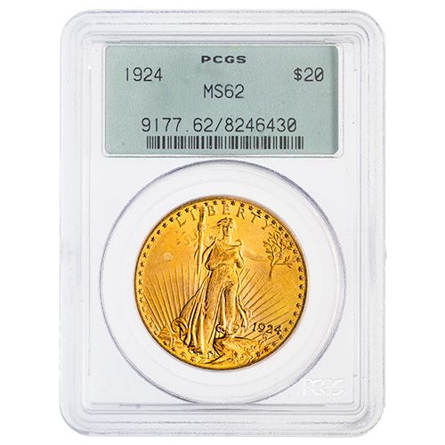 1924\u0020PCGS\u0020MS\u002D62\u0020\u002420\u0020St.\u0020Gaudens\u0020Double\u0020Eagle\u0020Gold\u0020Coin\u0020in\u0020Old\u0020Green\u0020Holder\u0020