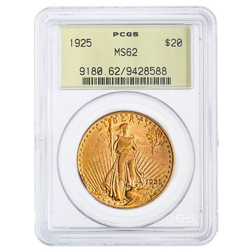 1925\u0020PCGS\u0020MS\u002D62\u0020\u002420\u0020St.\u0020Gaudens\u0020Double\u0020Eagle\u0020Gold\u0020Coin\u0020in\u0020Old\u0020Green\u0020Holder\u0020