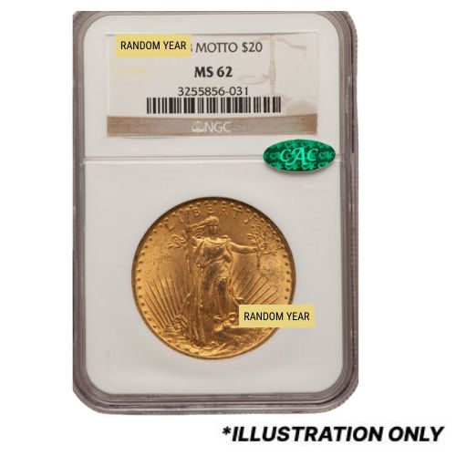 NGC\u0020MS\u002D62\u0020\u002420\u0020Saint\u0020Gaudens\u0020Double\u0020Eagle\u0020Gold\u0020Coin\u0020Motto\u0020with\u0020CAC\u0020Label\u0020\u002D\u0020Random\u0020Year