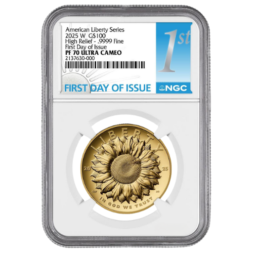 2025\u002DW\u0020NGC\u0020PF\u002D70\u0020First\u0020Day\u0020of\u0020Issue\u00201\u0020oz\u0020American\u0020Liberty\u0020\u002D\u0020Sunflower\u0020High\u0020Relief\u0020Gold\u0020Coin