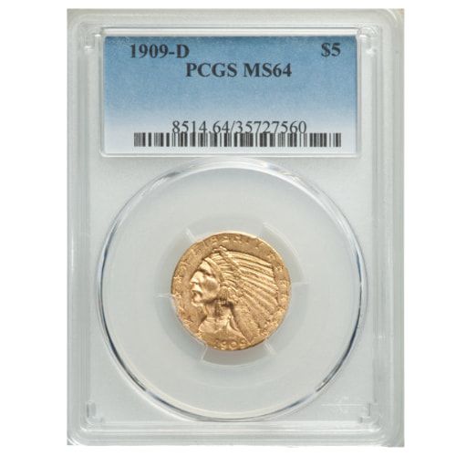 1909\u002DD\u0020PCGS\u0020MS\u002D64\u0020\u00245\u0020Indian\u0020Head\u0020Half\u0020Eagle\u0020Gold\u0020Coin