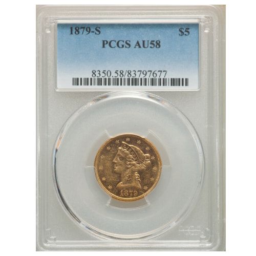 1879\u002DS\u0020PCGS\u0020AU\u002D58\u0020\u00245\u0020Liberty\u0020Half\u0020Eagle\u0020Gold\u0020Coin