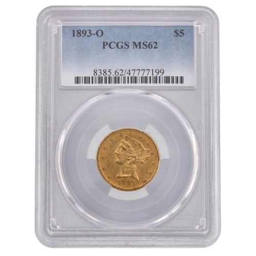 1893\u002DO\u0020PCGS\u0020MS\u002D62\u0020\u00245\u0020Liberty\u0020Half\u0020Eagle\u0020Gold\u0020Coin