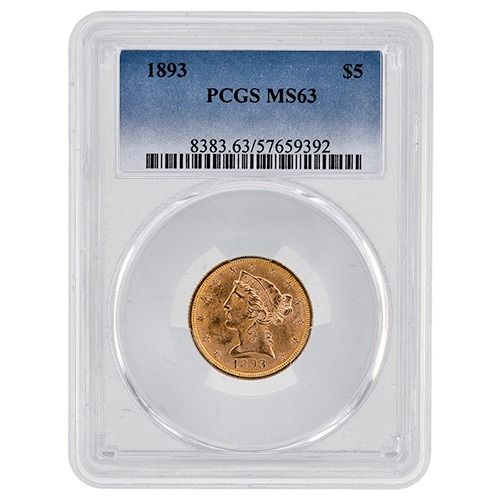 1893\u0020PCGS\u0020MS\u002D63\u0020\u00245\u0020Liberty\u0020Half\u0020Eagle\u0020Gold\u0020Coin