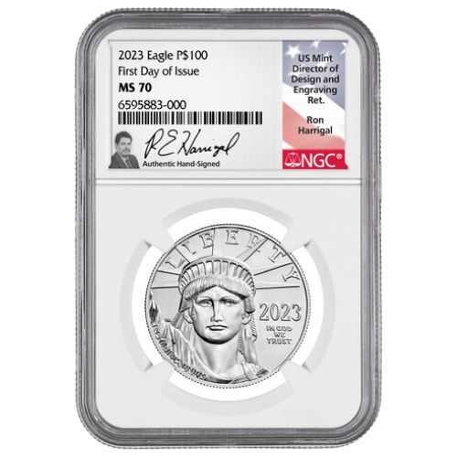 2023\u0020NGC\u0020MS\u002D70\u0020First\u0020Day\u0020of\u0020Issue\u00201\u0020oz\u0020American\u0020Platinum\u0020Eagle\u0020Coin\u0020\u002D\u0020Ron\u0020Harrigal\u0020Label
