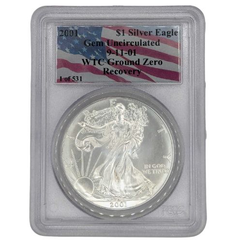 2001\u0020PCGS\u0020GEM\u0020Uncirculated\u00201\u0020oz\u0020American\u0020Silver\u0020Eagle\u0020Coin\u0020\u002D\u0020Ground\u0020Zero\u0020Recovery\u0020Label
