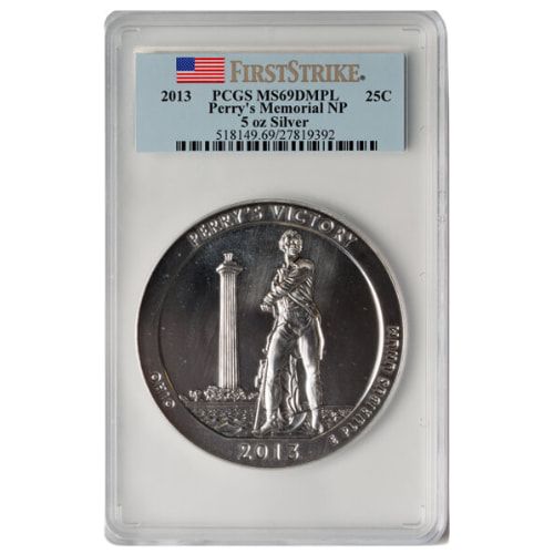 2013\u0020PCGS\u0020MS\u002D69\u0020DMPL\u0020First\u0020Strike\u00205\u0020oz\u0020America\u0020The\u0020Beautiful\u0020Perry\u2019s\u0020Victory\u0020and\u0020International\u0020Peace\u0020Memorial\u0020Silver\u0020Coin