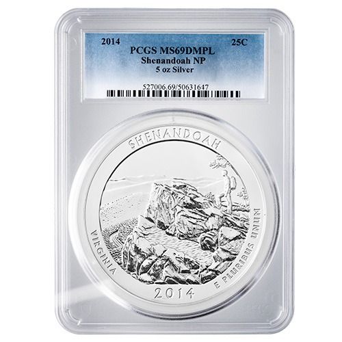 2014\u0020PCGS\u0020MS\u002D69\u0020DMPL\u00205\u0020oz\u0020America\u0020The\u0020Beautiful\u0020Shenandoah\u0020Silver\u0020Coin