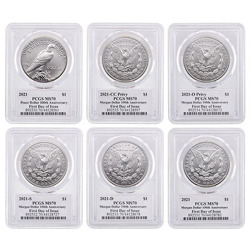 2021\u0020PCGS\u0020MS\u002D70\u0020First\u0020Day\u0020of\u0020Issue\u0020Morgan\u0020and\u0020Peace\u0020Dollar\u0020Silver\u00206\u002DCoin\u0020Set\u0020\u002D\u0020John\u0020Dannreuther\u0020Labels