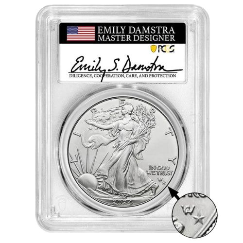 2024\u002D\u0028P\u0029\u0020PCGS\u0020MS\u002D70\u0020First\u0020Day\u0020of\u0020Issue\u0020Star\u0020Privy\u00201\u0020oz\u0020American\u0020Silver\u0020Eagle\u0020Coin\u0020\u002D\u0020Emily\u0020Damstra\u0020Signed\u0020Label