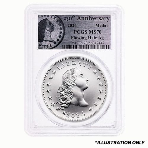 2024\u0020PCGS\u0020MS\u002D70\u00201\u0020oz\u0020US\u0020230th\u0020Anniversary\u0020Flowing\u0020Hair\u0020Silver\u0020Medal