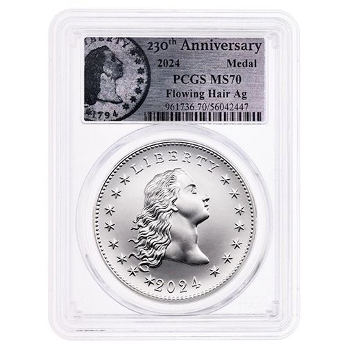 2024\u0020PCGS\u0020MS\u002D70\u00201\u0020oz\u0020US\u0020230th\u0020Anniversary\u0020Flowing\u0020Hair\u0020Silver\u0020Medal\u0020\u002D\u0020Flowing\u0020Hair\u0020Label