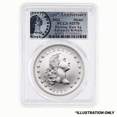 2024\u0020PCGS\u0020MS\u002D70\u0020Advanced\u0020Releases\u00201\u0020oz\u0020US\u0020230th\u0020Anniversary\u0020Flowing\u0020Hair\u0020Silver\u0020Medal