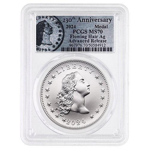2024\u0020PCGS\u0020MS\u002D70\u0020Advanced\u0020Releases\u00201\u0020oz\u0020US\u0020230th\u0020Anniversary\u0020Flowing\u0020Hair\u0020Silver\u0020Medal\u0020\u002D\u0020Flowing\u0020Hair\u0020Label