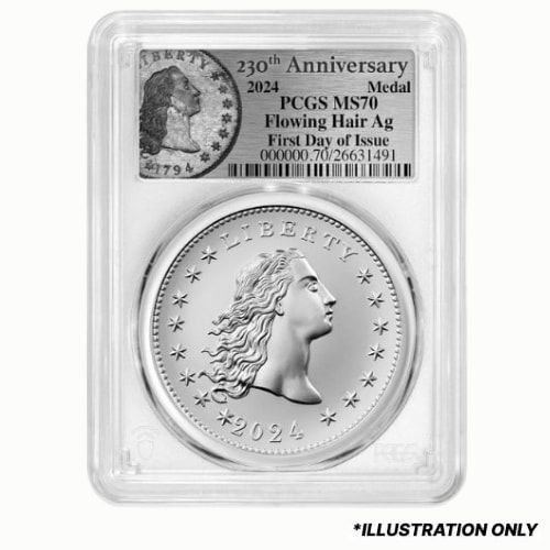 2024\u0020PCGS\u0020MS\u002D70\u0020First\u0020Day\u0020of\u0020Issue\u00201\u0020oz\u0020US\u0020230th\u0020Anniversary\u0020Flowing\u0020Hair\u0020Silver\u0020Medal