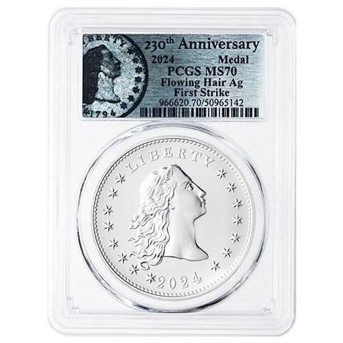 2024\u0020PCGS\u0020MS\u002D70\u0020First\u0020Strike\u00201\u0020oz\u0020US\u0020230th\u0020Anniversary\u0020Flowing\u0020Hair\u0020Silver\u0020Medal\u0020\u002D\u0020Flowing\u0020Hair\u0020Label