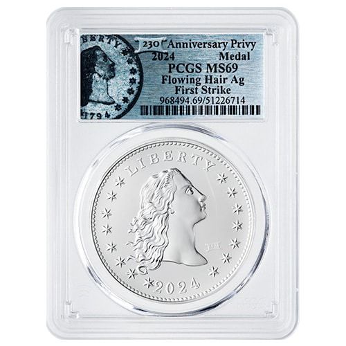 2024\u0020PCGS\u0020MS\u002D69\u0020First\u0020Strike\u00201\u0020oz\u0020US\u0020230th\u0020Anniversary\u0020Flowing\u0020Hair\u0020Silver\u0020Medal\u0020with\u0020Privy\u0020Mark\u0020\u002D\u0020Flowing\u0020Hair\u0020Label