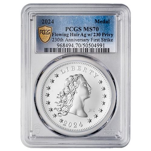 2024\u0020PCGS\u0020MS\u002D70\u0020First\u0020Strike\u00201\u0020oz\u0020US\u0020230th\u0020Anniversary\u0020Flowing\u0020Hair\u0020Silver\u0020Medal\u0020with\u0020Privy\u0020Mark