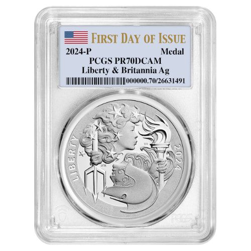 2024\u002DP\u0020PCGS\u0020PR\u002D70\u0020FDI\u0020First\u0020Day\u0020of\u0020Issue\u00201\u0020oz\u0020Liberty\u0020and\u0020Britannia\u0020Proof\u0020Silver\u0020Medal