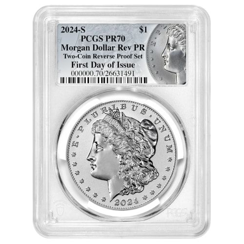 2024-S PCGS PR-70 First Day of Issue Morgan & Peace Dollar Reverse Proof Silver 2-Coin Set - Morgan & Peace Labels